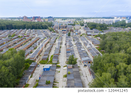 Aerial view of the outfits of car garages in the suburbs of Novosibirsk, Russia Aerial view of the outfits of car garages in the suburbs of Novosibirsk, Russia 120441245