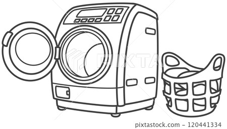 Drum washing machine and laundry basket with laundry inside 120441334