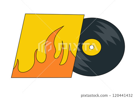 Vinyl record with flame design cover. LP or long play music disc. DJ equipment for disco party. 70s 80s 90s discotheque nostalgia concept. Vector flat graphic illustration. 120441432