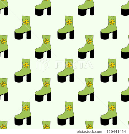 Seamless Pattern. Trendy 1980 retro green disco boot with flower design. Vintage shoe. Vector flat illustration. Seamless Pattern. Trendy 1980 retro green disco boot with flower design. Vintage shoe. Vector flat illustration. 120441434