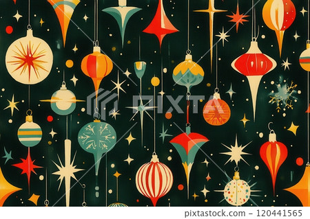 Retro Christmas ornaments pattern featuring colorful vintage baubles and stars on a dark background Retro Christmas ornaments pattern featuring colorful vintage baubles and stars on a dark background 120441565