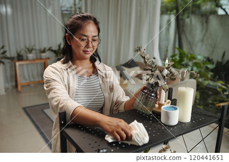 Cleaning Interior Space with Candles and Flower Arrangement 120441651