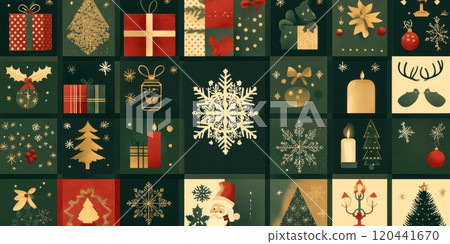 Festive pattern featuring Christmas icons including gift boxes, snowflakes, and reindeer in green and red colors, evoking holiday cheer 120441670