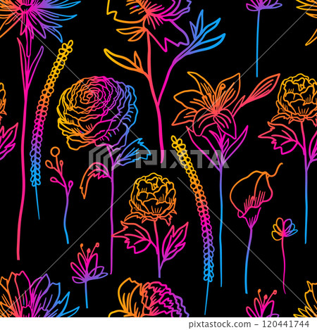 Flowers one line seamless dark background. hand drawing. Not AI, Vector illustration Flowers one line seamless dark background. hand drawing. Not AI, Vector illustration 120441744