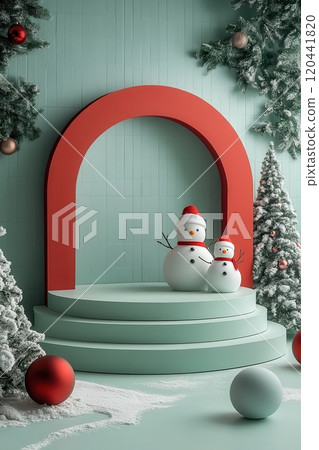 Minimalist Christmas-themed podium with a cute snowman surrounded by snow-covered trees and red baubles 120441820