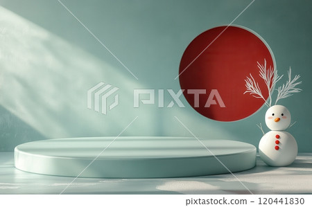A minimalist Christmas-themed podium featuring a snowman. Festive red and mint green tones create a joyful holiday atmosphere, accompanied by snowy trees and holiday decorations. Ideal for seasonal 120441830