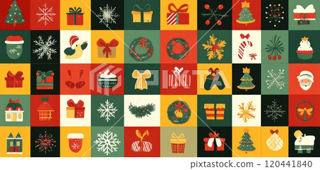 Festive grid of colorful squares featuring Christmas icons, including Santa Claus, Christmas trees, snowflakes, and holiday gifts in red, green, and yellow. Capturing the joyful spirit of the holiday 120441840