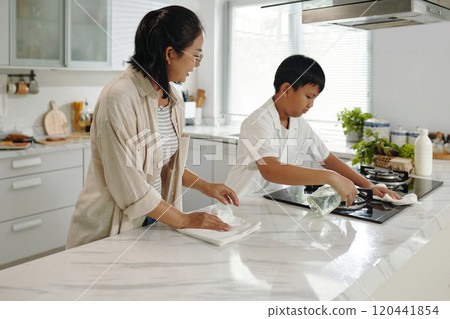 Cleaning Countertops in Modern Kitchen Together Cleaning Countertops in Modern Kitchen Together 120441854