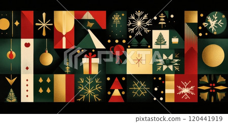 Festive graphic design with Christmas elements including gift boxes and snowflakes in red, green, and gold colors 120441919