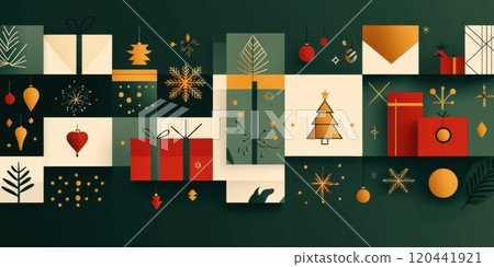 Creative holiday design with Christmas gifts and snowflakes in modern style on a festive background, celebrating the joy of the season. 120441921