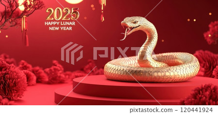 Golden snake sculpture surrounded by vibrant red floral decorations for 2025 lunar new year celebration 120441924