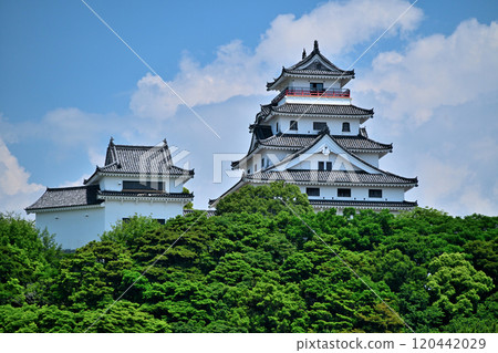 View of Karatsu Castle's castle tower and stone walls against the blue sky 120442029