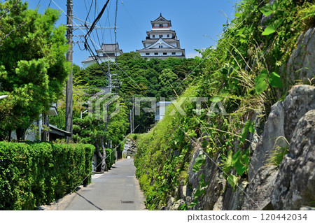 View of Karatsu Castle's castle tower and stone walls against the blue sky View of Karatsu Castle's castle tower and stone walls against the blue sky 120442034