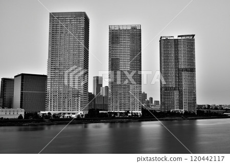 從 Harumi Ohashi 橋看到的 Laport Toyosu 高層公寓的夜景，單色 120442117