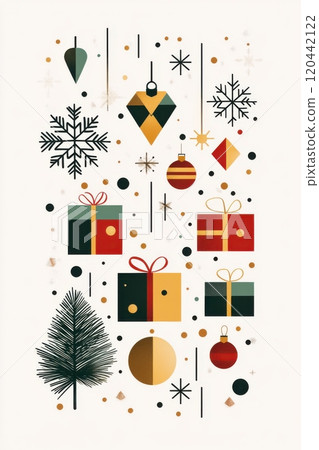Festive Christmas flat design illustration with presents, pine leaves, snowflakes, and ornaments 120442122