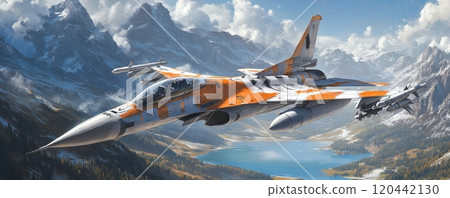 Dynamic A-F20 fighter jet soaring gracefully over scenic mountain landscape with vibrant colors 120442130