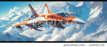 F-20 fighter jet soaring over the snowy mountain peaks with dynamic orange and white paintwork, under a vibrant blue sky lined with fluffy clouds, representing speed, precision, and advanced 120442134