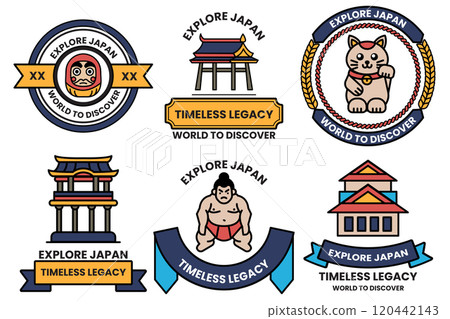 A set of different badges in concept of Explore Japan A set of different badges in concept of Explore Japan 120442143