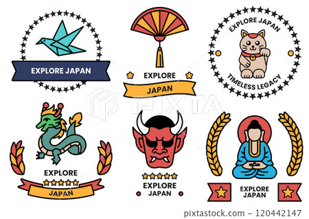 A set of different badges in concept of Explore Japan A set of different badges in concept of Explore Japan 120442147