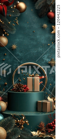 Elegant holiday scene with gift boxes on circular podium and teal background 120442225