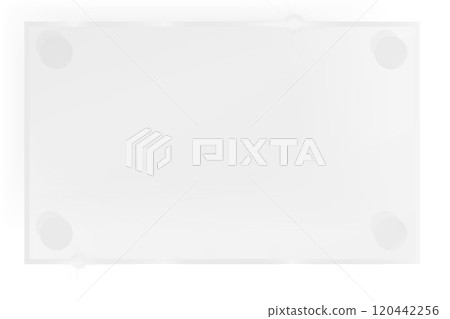 Glass plate on transparent background, clear glass showcase, realistic window mockup, acrylic and glass texture with glares and light, realistic transparent glass window in rectangle frame 120442256