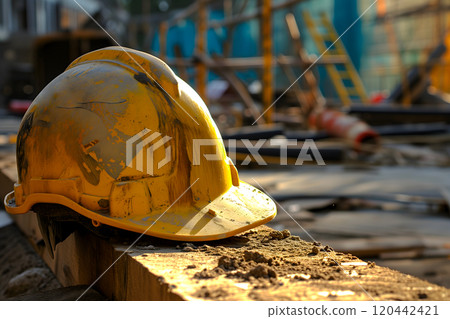 old yellow hard hat at construction site for safety concept old yellow hard hat at construction site for safety concept 120442421