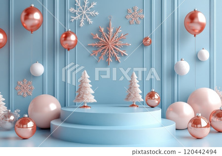 Festive 3D render of a podium surrounded by pink and blue balloons, white snowflakes, and decorative trees on a bright blue background 120442494