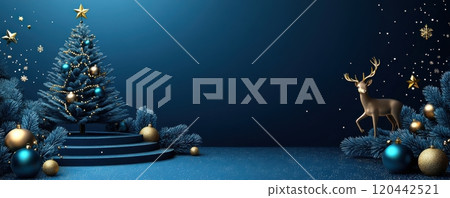 Elegant 3D Christmas scene with golden reindeer, decorated Christmas trees, and sparkling ornaments in a serene, festive setting 120442521