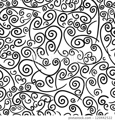 Black swirls on white background seamless pattern. hand drawing. Not AI, Vector illustration 120442522
