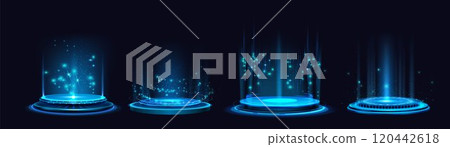 Futuristic hologram platforms with blue neon light Futuristic hologram platforms with blue neon light 120442618