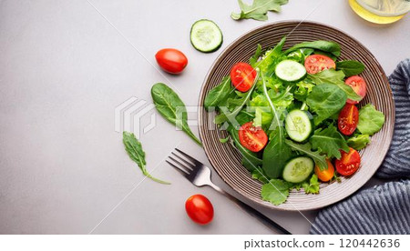 Fresh vegetable salad with arugula, cucumber, spinach and tomato. Fresh vegetable salad with arugula, cucumber, spinach and tomato. 120442636