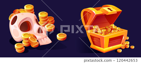 Open wooden chest filled with gold treasure Open wooden chest filled with gold treasure 120442653