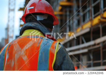 construction worker with old orange hard hat at construction site for safety concept 120442846