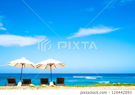 Tropical sea and beach umbrella 120442893