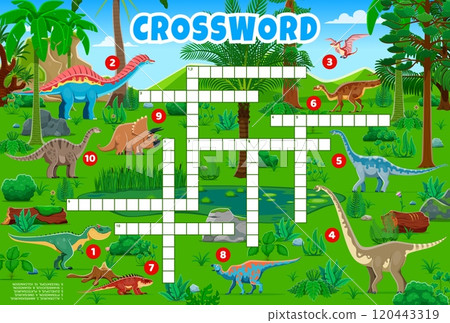 Crossword quiz game grid with prehistoric dinosaur characters. Word puzzle vector worksheet with dino animals crossword quiz. Cartoon allosaurus, pteranodon, triceratops and iguanodon dinosaurs game 120443319