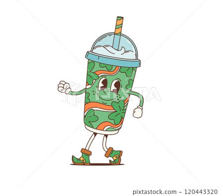 Cartoon retro groovy green smoothie cocktail character, saint patrick day holiday drink, beverage personage. Isolated vector disposable cup with dome lid and straw for Irish festive event celebration 120443320
