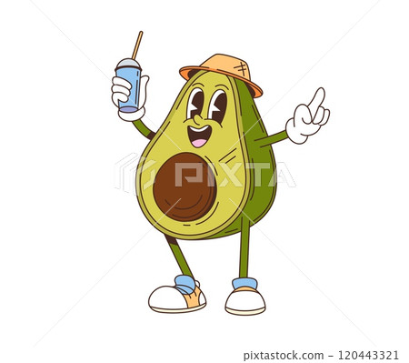 Cartoon retro groovy avocado character with funny face, vector comic emoji. Groovy avocado with soda drink or smoothie in hipster hat and shoes with funky happy smile for cartoon fruits and vegetables Cartoon retro groovy avocado character with funny face, vector comic emoji. Groovy avocado with soda drink or smoothie in hipster hat and shoes with funky happy smile for cartoon fruits and vegetables 120443321