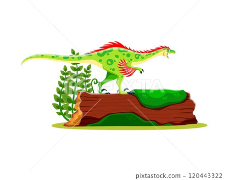 Prehistoric cartoon dinosaur character or Jurassic lizard raptor, vector funny dino. Cretaceous era dinosaur or prehistoric lizard of raptor species in forest for kids paleontology animals collection Prehistoric cartoon dinosaur character or Jurassic lizard raptor, vector funny dino. Cretaceous era dinosaur or prehistoric lizard of raptor species in forest for kids paleontology animals collection 120443322