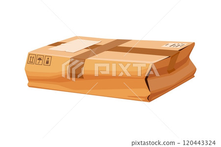 Cartoon damaged box, crumpled post parcel. Broken parcel delivery, ripped dirty container or isolated cartoon vector damaged paper shipping package. Crushed cardboard cargo box Cartoon damaged box, crumpled post parcel. Broken parcel delivery, ripped dirty container or isolated cartoon vector damaged paper shipping package. Crushed cardboard cargo box 120443324