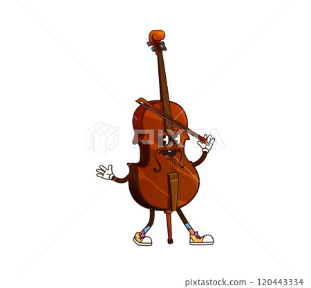 Cartoon violin groovy musical instrument character. Isolated vector fiddle playing classic music on itself. Musician equipment personage with smiling face and bow in hand promoting educational classes 120443334