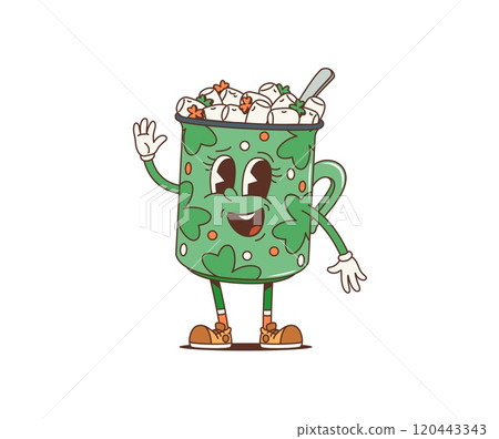 Cartoon retro groovy coffee character with marshmallow, saint patrick day holiday drink or beverage personage. Isolated vector green friendly cup with cocoa or chocolate for Irish holiday celebration Cartoon retro groovy coffee character with marshmallow, saint patrick day holiday drink or beverage personage. Isolated vector green friendly cup with cocoa or chocolate for Irish holiday celebration 120443343