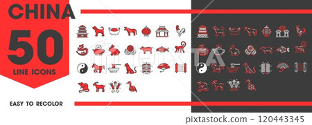 China landmark, travel and holiday line icons. Vector chinese buildings, food, culture and zodiac outline symbols. Asian horoscope dragon, ancient temple, tea and noodles, gate, lantern and fan 120443345