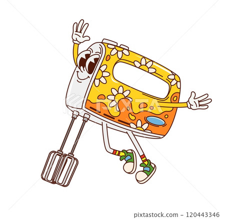 Cartoon groovy kitchen mixer character. Cute retro kitchenware and utensil personage. Isolated vector hand mixer appliance with big smile and floral pattern ready for cooking and mixing on the kitchen Cartoon groovy kitchen mixer character. Cute retro kitchenware and utensil personage. Isolated vector hand mixer appliance with big smile and floral pattern ready for cooking and mixing on the kitchen 120443346
