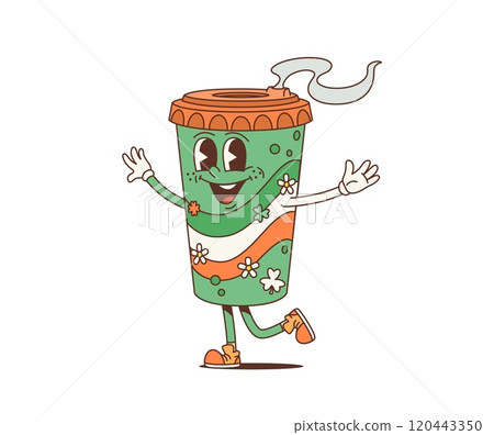 Cartoon retro groovy coffee character, saint patrick day holiday personage. Isolated vector green disposable cup with Irish flag and pattern with clovers and flowers, cheerful face and funky vibes 120443350