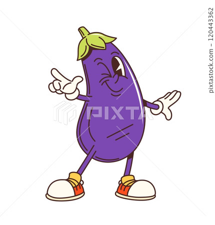 Groovy eggplant character or retro cartoon vegetable with funny face, vector comic. Groovy funky eggplant winking with cheerful smile and freaky emotion for vegetable food emoji or cartoon character 120443362