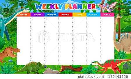 Weekly planner with prehistoric dinosaurs and reptiles of Jurassic era, cartoon vector. Week schedule or notes list or to-do organizer with days for plans and notes with funny Jurassic T-rex dinosaur 120443366