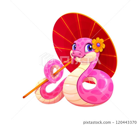 Cute cartoon pink snake character holding a red parasol. 2025 Chinese lunar year symbol. Reptile animal snake with a flower on its head, large blue eyes, tongue and gentle smile lying in elegant pose 120443370