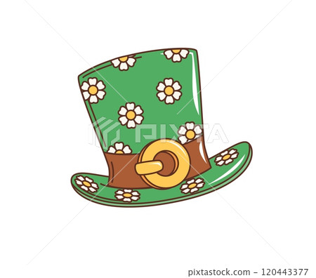 Cartoon retro leprechaun top hat for Saint Patrick Day holiday, vector Irish symbol. Leprechaun cylinder hat with golden buckle and daisy flower pattern ornament for St Patrick Day holiday celebration 120443377