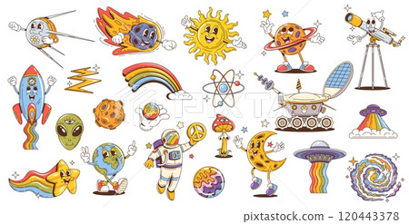 Retro groovy space characters, cartoon psychedelic alien, hippie sun, earth, moon and saturn planets. Trippy vector personages of astronaut, rocket, spaceship and UFO. Groovy space satellite and star Retro groovy space characters, cartoon psychedelic alien, hippie sun, earth, moon and saturn planets. Trippy vector personages of astronaut, rocket, spaceship and UFO. Groovy space satellite and star 120443378