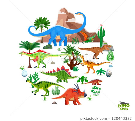 Prehistoric dinosaurs banner with Jurassic lizards and dino characters, vector background. Funny T-rex tyrannosaurus and dinosaurs in jungle forest for kids dino world atlas book or encyclopedia 120443382